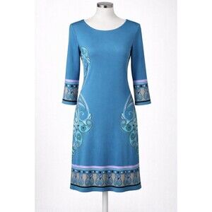Michael Kors MK Paisley Blue Turquoise Knit Midi Dress 3/4 Sleeve Stretch Sz 4